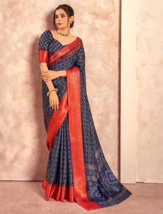 Navy printed saree in dola silk