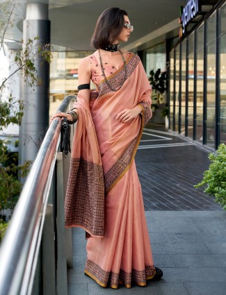 Peach linen tissue silk printed saree