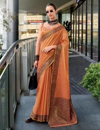 Printed peach linen tissue silk saree