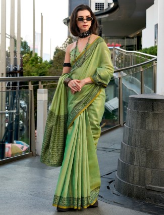 Pista green linen tissue silk saree with print