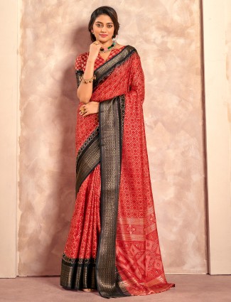 Red zari worked dola silk saree with print