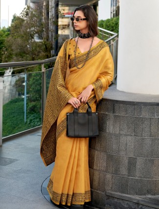Printed yellow linen tissue silk saree
