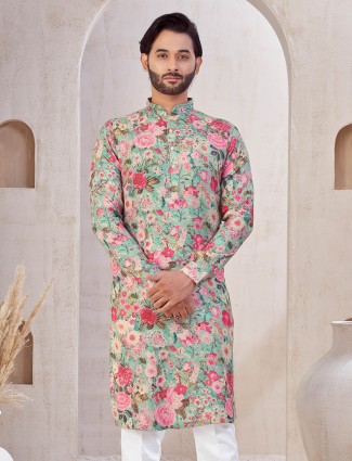 Aqua cotton printed kurta suit for mens