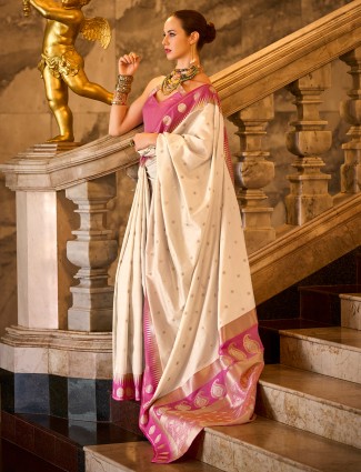 Beige banarasi silk saree for wedding wear