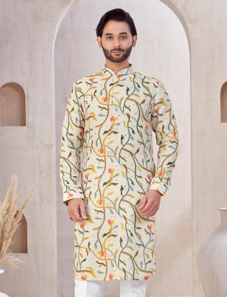 Cotton beige festive wear printed kurta suit