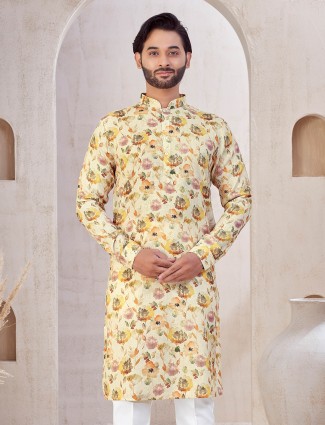 Beige printed kurta suit in soft cotton