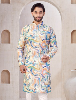 Printed beige festive wear kurta suit in cotton