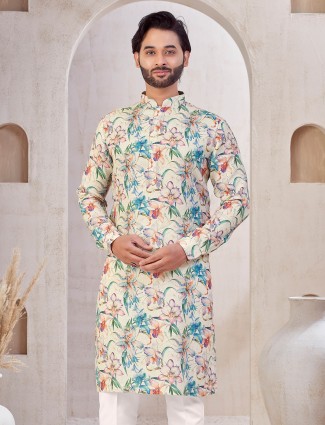 Printed beige festive wear cotton kurta suit