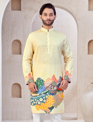 Printed beige cotton kurta suit for festival