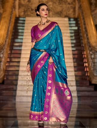 Banarasi silk blue saree with pink border