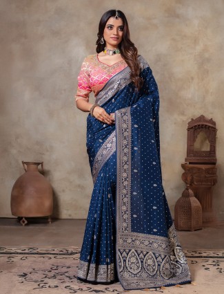 Blue wedding wear dola silk saree with zari work