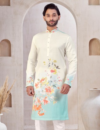 Blue and cream cotton printed kurta suit