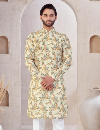 Cream festive wear printed cotton kurta suit