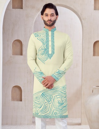Cotton cream printed kurta suit for men