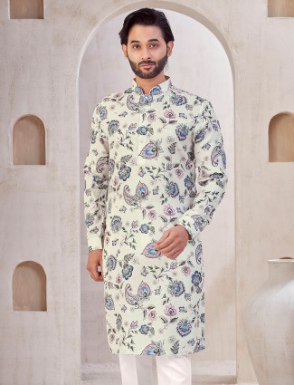 Cream festive special printed cotton kurta suit