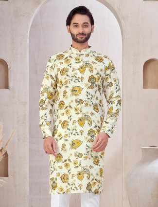 Printed cotton kurta suit for festival in cream