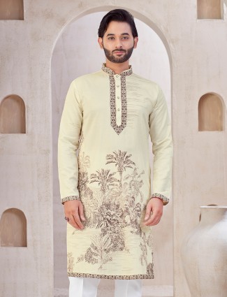 Cream printed festive wear kurta suit in cotton