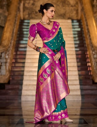 Banarasi dark green silk saree with pink border