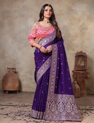 Dark purple wedding wear saree dola silk