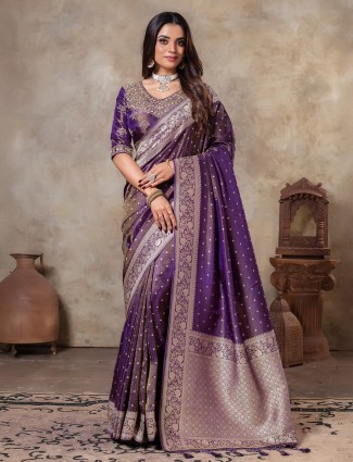 Dark purple dola silk resham weaving wedding wear saree
