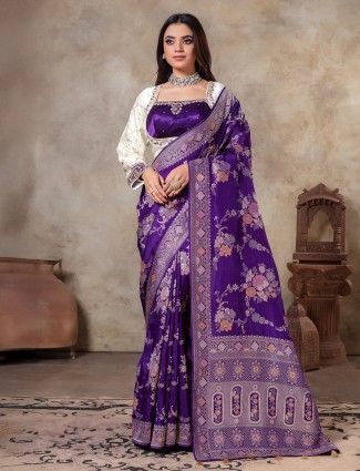 Dark purple dola silk resham weaving wedding wear saree