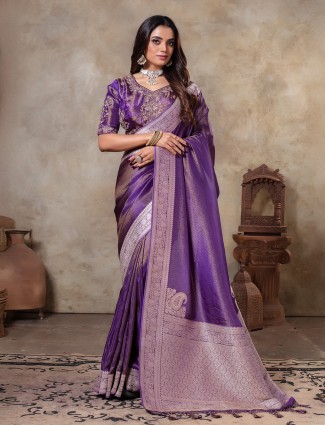 Dark purple dola silk resham weaving wedding wear saree