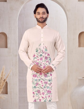 Light Pink men printed kurta suit in cotton