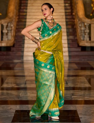 Lime yellow wedding wear saree in banarasi silk