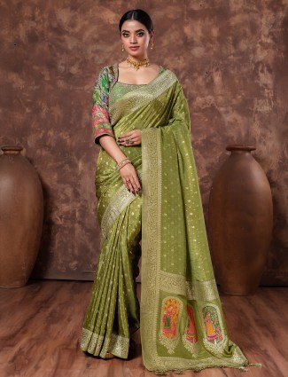 Mehendi green tissue silk saree for wedding wear