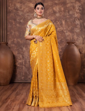 Mustard yellow saree in dola silk