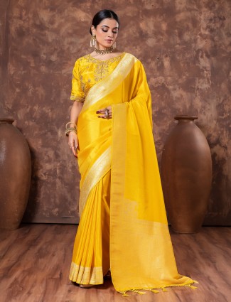 Tissue silk mustard yellow saree in zari weaving