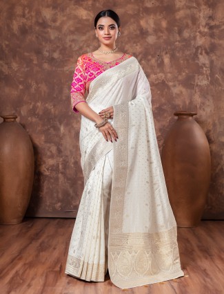 Off white wedding wear saree in dola silk