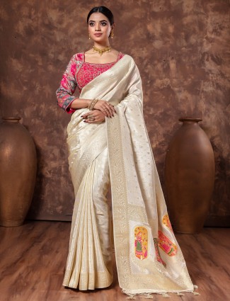 Off white zari worked saree in tissue silk