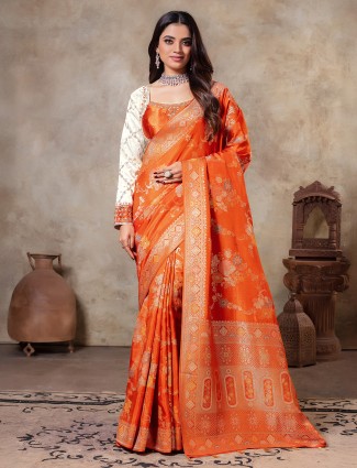 Dola silk orange zari weaving saree