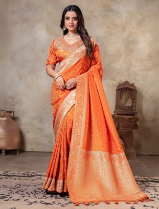 Tissue silk orange saree in zari weaving