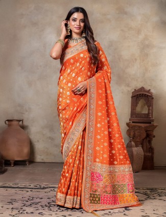 Orange zari weaving tissue silk saree