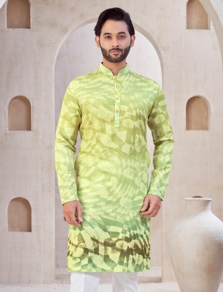Cotton pista green printed kurta suit for mens