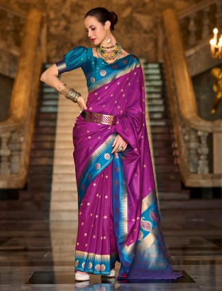 Purple banarasi silk saree zari with weaving