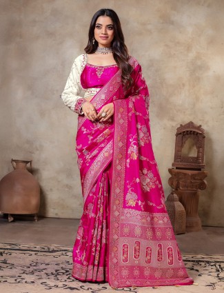 Dola silk zari worked saree in rani pink