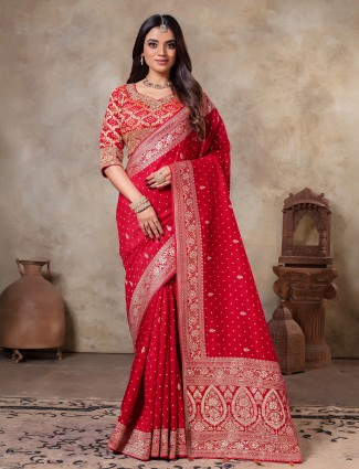 Red dola silk saree zari work