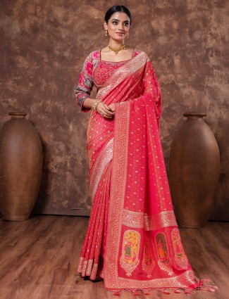 Red zari worked tissue silk saree