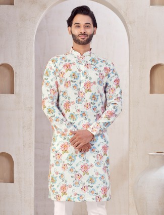 White printed cotton kurta suit for mens