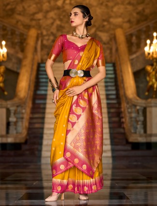 Banarasi silk yellow saree with maroon border