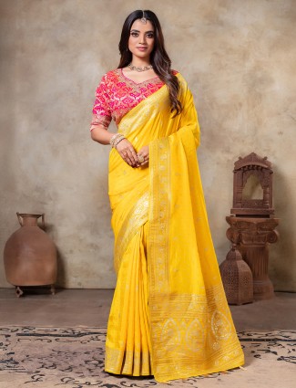 Yellow dola silk saree with zari work