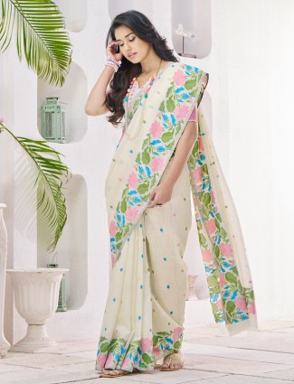 Beige thread work saree in linen