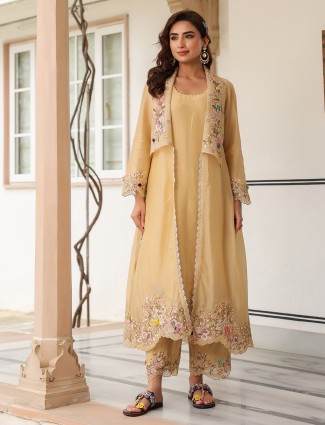 Beige silk kurti set in organza and chanderi