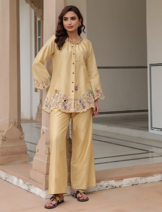 Beige embroidery co-ord set in silk tencel