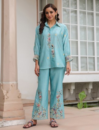 Light blue silk tencel co-ord set with embroidery