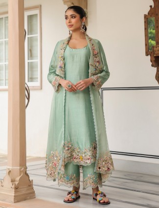 Light green organza and chanderi silk kurti set with jacket