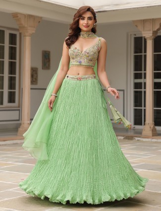Light green silk and organza lahenga choli for wedding